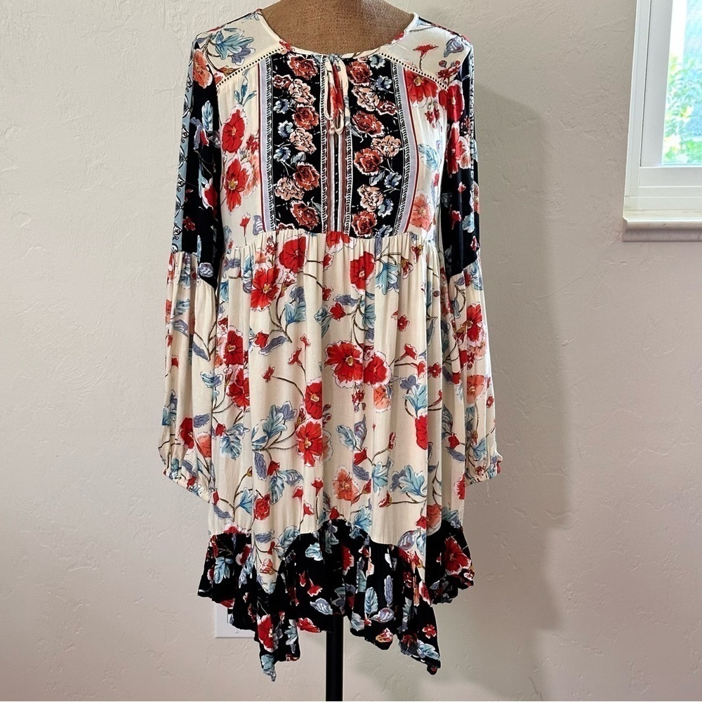 Patrons of Peace Boho Peasant Floral Poppy Bell Sleeve Dress Tunic Size Mediumâ